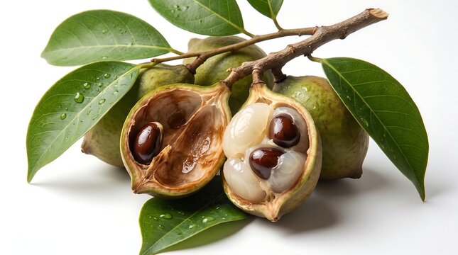 Fresh Melicoccus bijugatus fruit with green leaves isolated on white background.