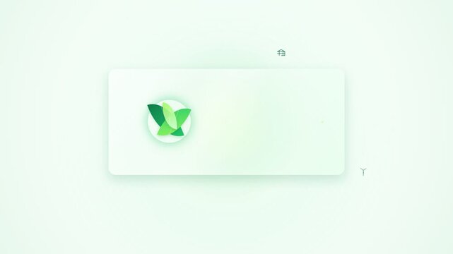 Minimalist green eco motion graphics animation featuring a leaf logo and floating sustainability icons such as clean energy, trees, water drops, and eco tech