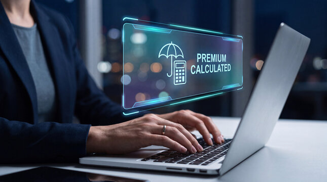 businesswoman types on laptop to verify insurance premium calculation, manage policy renewal date, track claim history record, and support underwriting risk assessment