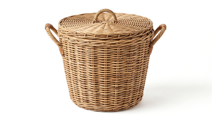 Obraz premium Empty Wicker Basket Isolated on White Background Rustic Handmade Woven Container for Storage Picnic and Natural Home Decoration Stock Photo