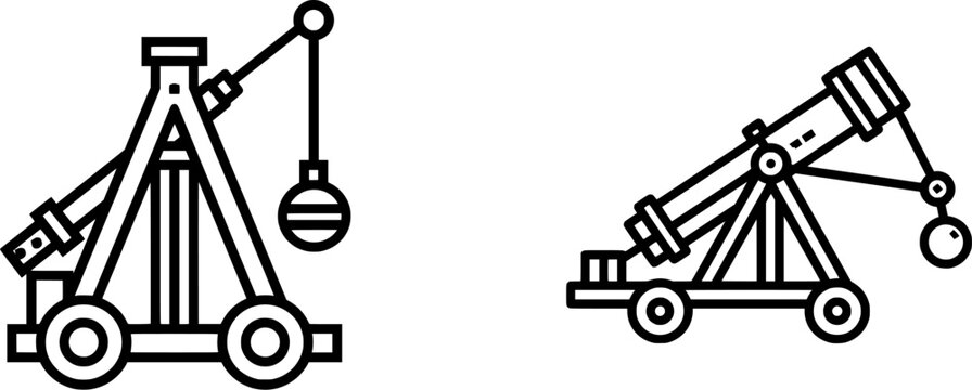 A minimalist black outline siege catapult icon stands alone against a stark white background, exuding historical engineering prowess in its clean, flat vector style