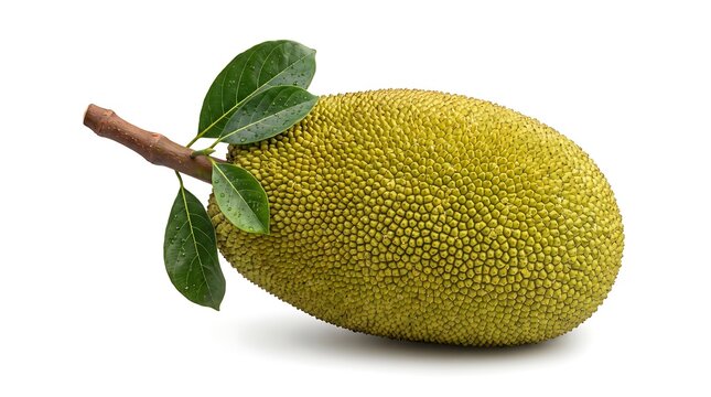 Fresh whole jackfruit with green leaves isolated on a white background.