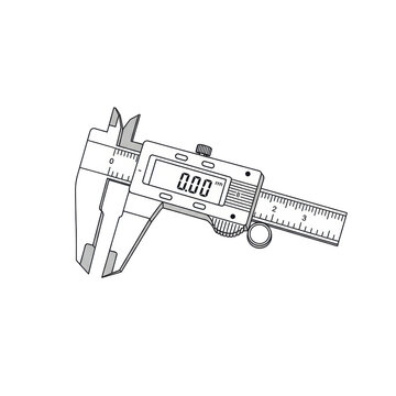 Digital caliper vector icon with a zero reading in a minimalist flat line art style, isolated on a white background. Concept of precision engineering