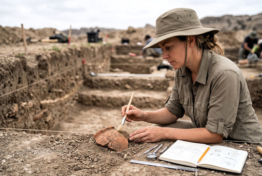 Archaeologist excavating ancient pottery. Scientist cleaning historical artifact at dig site.