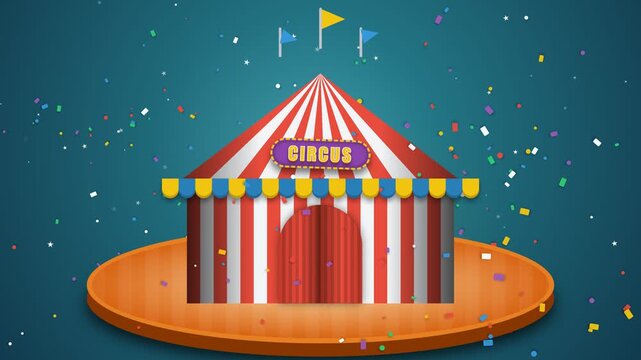 Red and White Striped Circus Tent with Colorful Flags and Confetti on a Stage Background for Entertainment Events