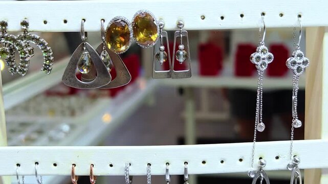 Earrings and rings displayed at a local market stall. Jewelry on display with earrings.