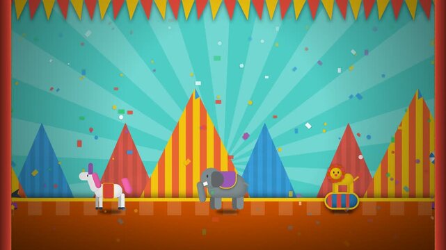 Colorful Cartoon Circus Background with Animated Performance Animals and Confetti for Childrens Entertainment