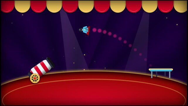 Cartoon Human Cannonball Performer Stunt in Circus Arena with Cannon and Stage Lights Background