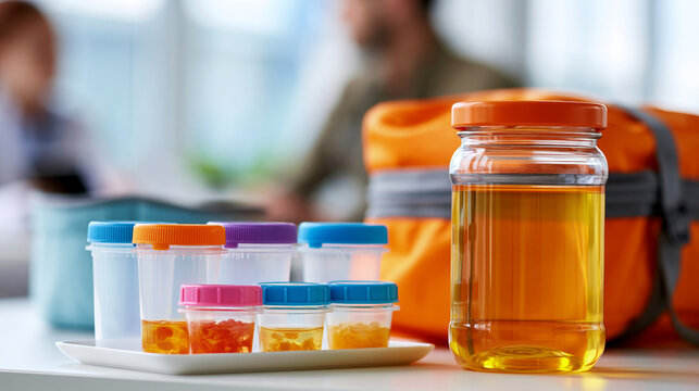 Bright still life of a urine specimen transport bag and containers for medical analysis on a clean surface minimal well lit composition specimen bag transport containers