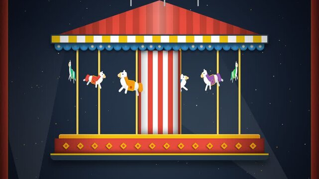 Animated Vintage Carousel with Spinning Animals on Dark Starry Night Background for Kids Entertainment