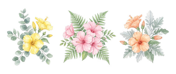 Fototapeta premium Watercolor hibiscus floral bouquet illustration isolated on black background, tropical flower arrangements with eucalyptus, ferns, and dusty miller leaves for wedding cards, elegant botanical design.