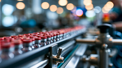 Fototapeta premium Bright automated laboratory line carrying rows of sample vials with red caps through clean stainless machinery biobank conveyor concept automated line sample vials red caps