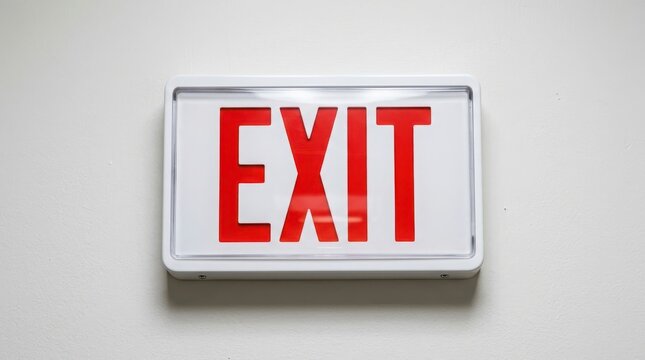 Closeup of a red exit sign mounted on a white wall