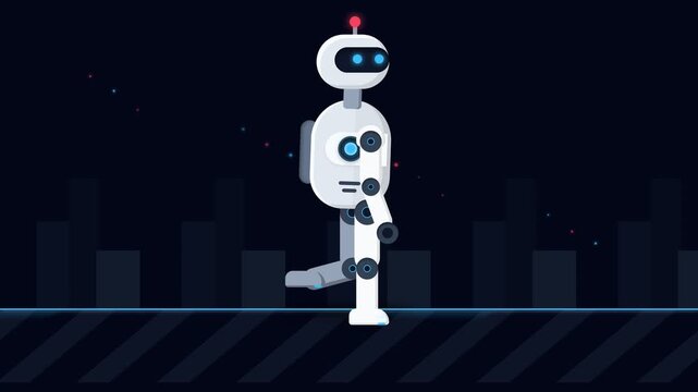 White Futuristic Robot Walking in Dark Digital Space for Automation Concepts