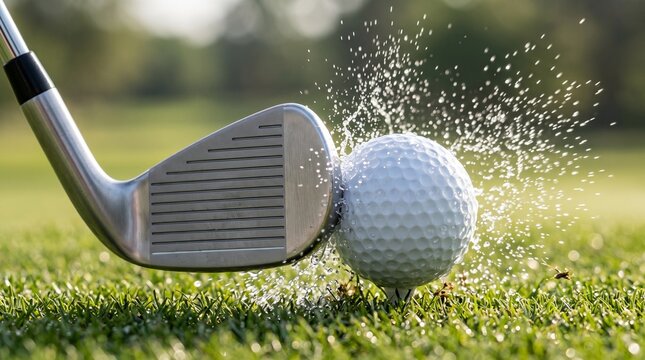 Golf club hitting ball on course. Iron club striking golf ball with water splash effect.