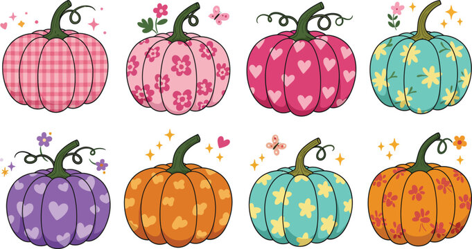 A collection of colorful decorative pumpkins featuring patterns like hearts leopard print and plaid for fall harvest and autumn seasonal designs