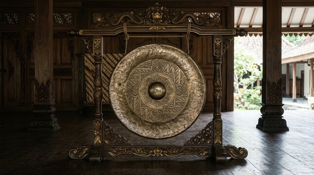 ornate bronze gong in traditional balinese temple