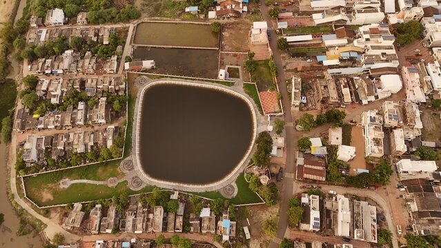 Aerial Drone View of Village Lake Near Surat Gujarat India