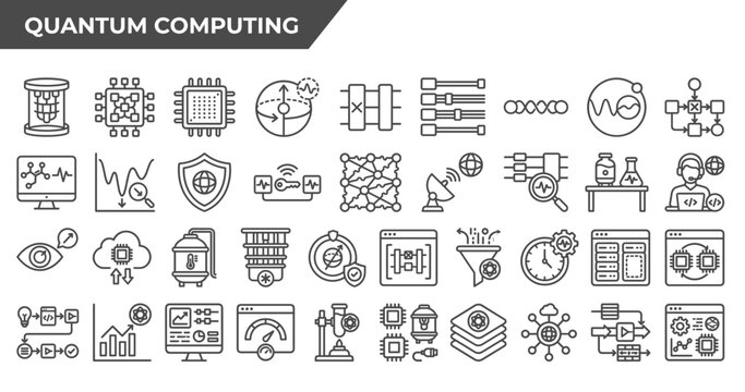 Quantum computing vector icon set qubit technology science thin line outline