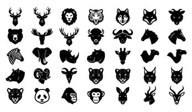 Animal Head Silhouette Bundle Vector with Deer Lion Wolf Bear Wildlife Logo Collection