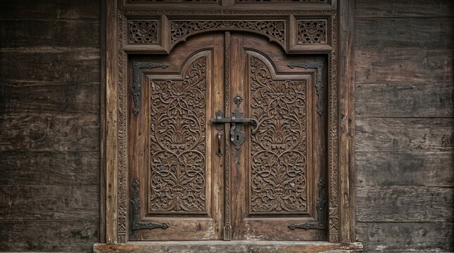 Ornate Wooden Door, Intricate Carvings, Rustic Texture, Traditional Craftsmanship