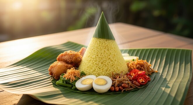 Nasi tumpeng with fried chicken and boiled egg
