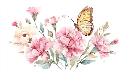 Fototapeta premium watercolor botanical butterfly and Carnation flowers texture template background. Design for wedding, vip cover, poster, rsvp moderncard.Valentine's Day 