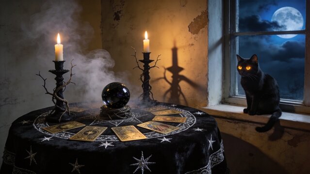 Mystical Fortune Telling Setup: A black cat with glowing eyes sits by a window with a full moon outside, next to a table adorned with a crystal ball, tarot cards, and lit candles.