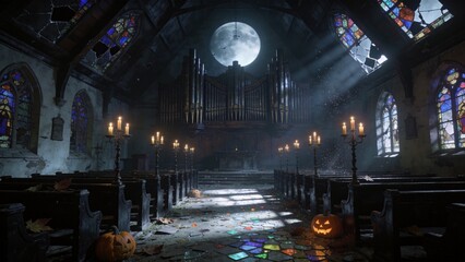 Fototapeta premium Haunted Church on Halloween: An eerie, abandoned church interior on Halloween night, illuminated by a full moon, with broken stained glass windows, flickering candles.
