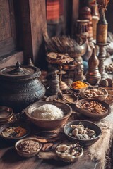 Fototapeta premium Traditional Nepali spices and ingredients displayed in various bowls on a wooden table, showcasing the rich cultural heritage of Nepali culinary life