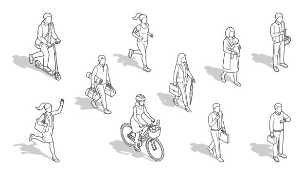 Isometric people line art silhouettes walking and riding with shadows | Architectural entourage for CAD drawing | Vector set