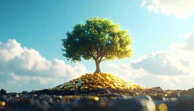 A Small Money Tree Growing On A Pile Of Gold Coins Representing Financial Growth Investment And Wealth