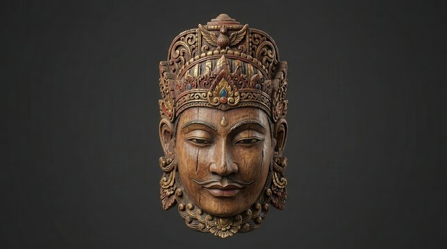Ornate Ethnic Wood Carving Mask Head with Crown and Jewels