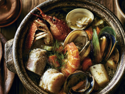 Rustic gourmet seafood soup with lobster tail clams mussels fish in traditional clay pot dish closeup rustic wooden background overhead view rich Mediterranean bouillabaisse culinary experience