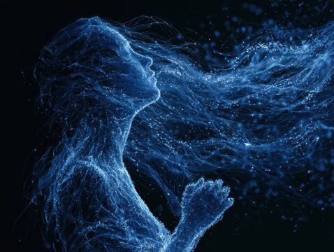 Abstract digital human silhouette formed by glowing blue fiber optic particles lines futuristic artificial intelligence mind neural network energy visual illustration for cyber tech technology