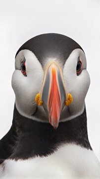 close-up portrait of an Atlantic puffin against a clean, seamless, solid white background. The puffin subtly blinks its eyes, gently turns its head from side to side