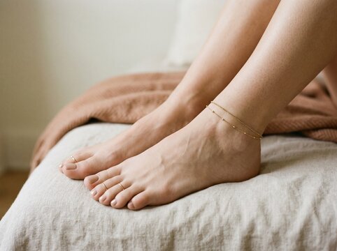 Woman wearing a gold anklet on her ankle. Elegant jewelry accessory on a female foot.
