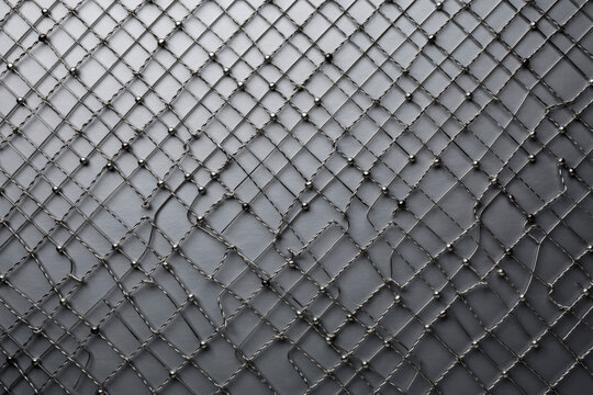 Close up of a metallic silver fishnet fabric with small beads at the intersections creating a grid pattern on a dark grey gradient background