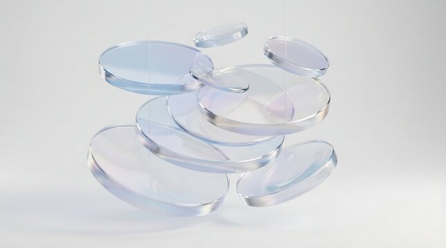 Floating glass optical lenses isolated on white background