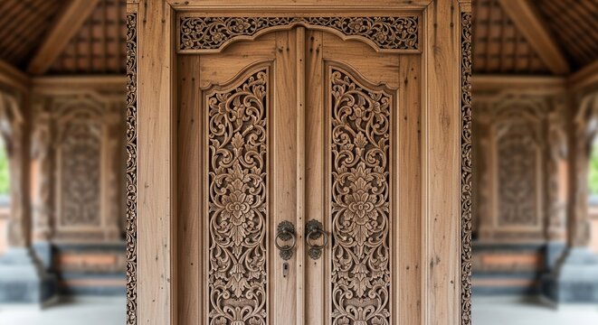ornate wooden door, traditional balinese architecture