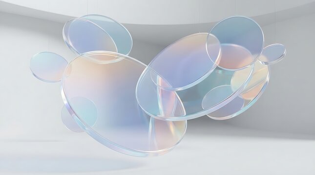 Abstract composition of floating iridescent glass discs