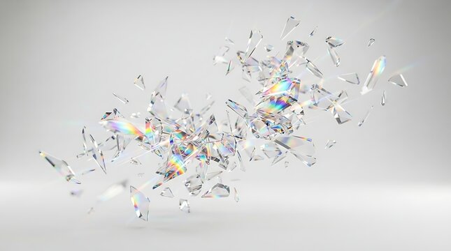 Abstract explosion of shattered glass shards with rainbow light dispersion isolated on white background