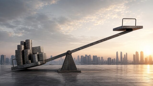 Photorealistic 3D render of a heavy balance scale with coins outweighing an empty side against a city sunrise, symbolizing economic inequality and financial risk.