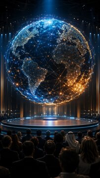 Vertical Photorealistic digital art of a glowing plexus globe, where a diverse audience watches a holographic earth on a dark stage during an international tech summit, symbolizing global connectivity