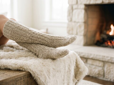 Feet in knit socks by a fireplace. Cozy winter relaxation at home with warm wool footwear.