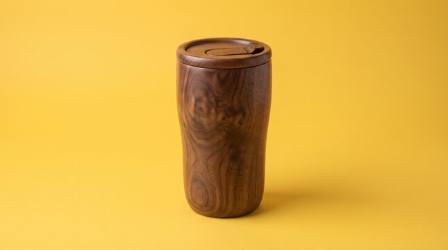 Handcrafted Wooden Tumbler with Natural Wood Grain on Yellow Background