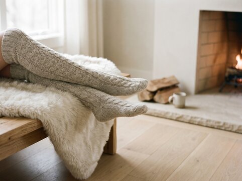 Feet in knit socks by a fireplace. Cozy winter relaxation at home with warm wool hosiery.