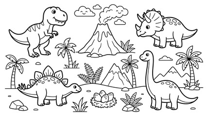 Cute cartoon dinosaur set with volcano and palm trees © crafthubbd