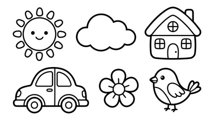 Fototapeta premium Cute cartoon icons of sun cloud house car flower and bird
