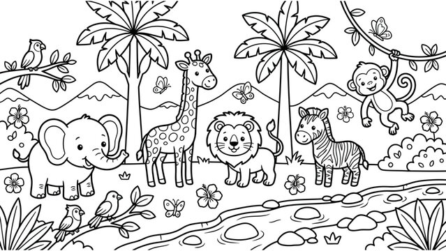 Cute safari animals in the jungle coloring page for kids